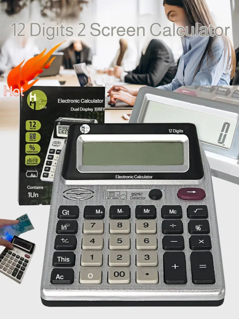 Double-sided Screen Anti-slip Bottom Calculator 12 Digital LCD Display with Money Detector Light for Office Financial Accounting