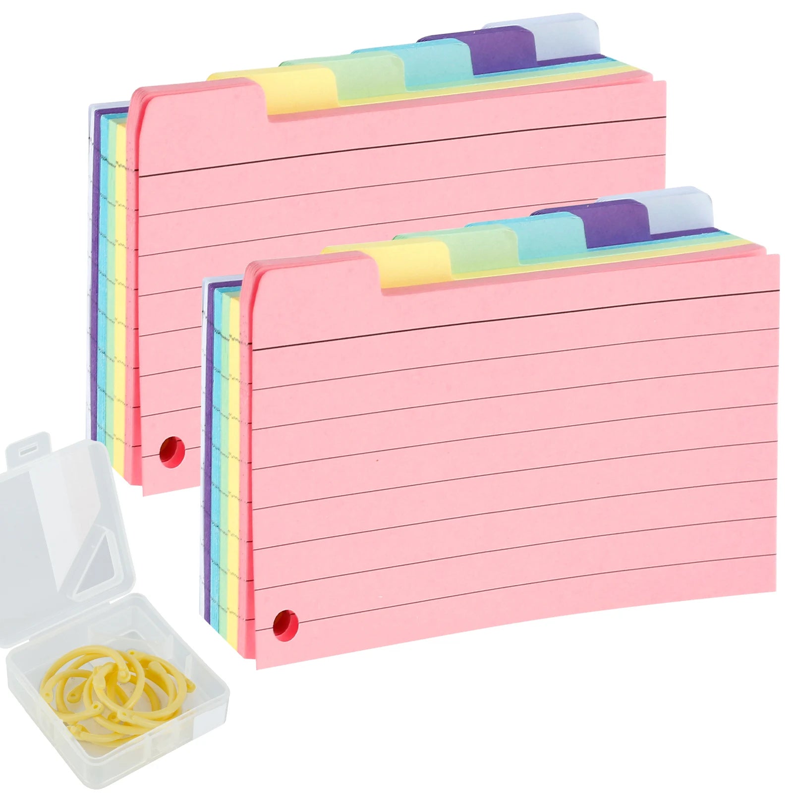 300Pcs Tabbed Index Cards with 8 Binder Rings Portable Index Note Cards 6 Colours Ruled Flash Cards for Classroom Office
